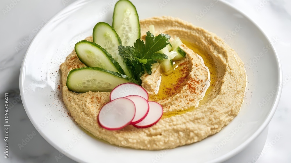 Rustic hummus presentation with radish and cucumber slices on a white plate, placed on a marble countertop with a touch of natural light Rustic hummus presentation with radish and cucumber slices on a white plate, placed on a marble countertop with a touch of natural light