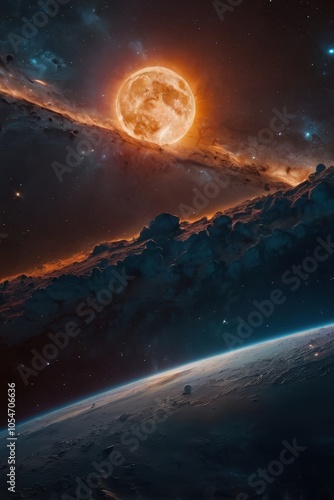 Artistic space collage with moon, comet, and distant planet