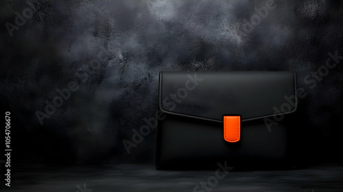 Stylish black leather portfolio with an orange clasp on a dark textured background. photo