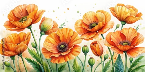 Fototapeta Naklejka Na Ścianę i Meble -  Vibrant watercolor painting of orange poppy flowers with detailed petals and green leaves , Poppy, Flowers, Watercolor, Art