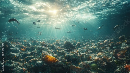 Underwater scene with sunlight filtering through water  showcasing marine life.