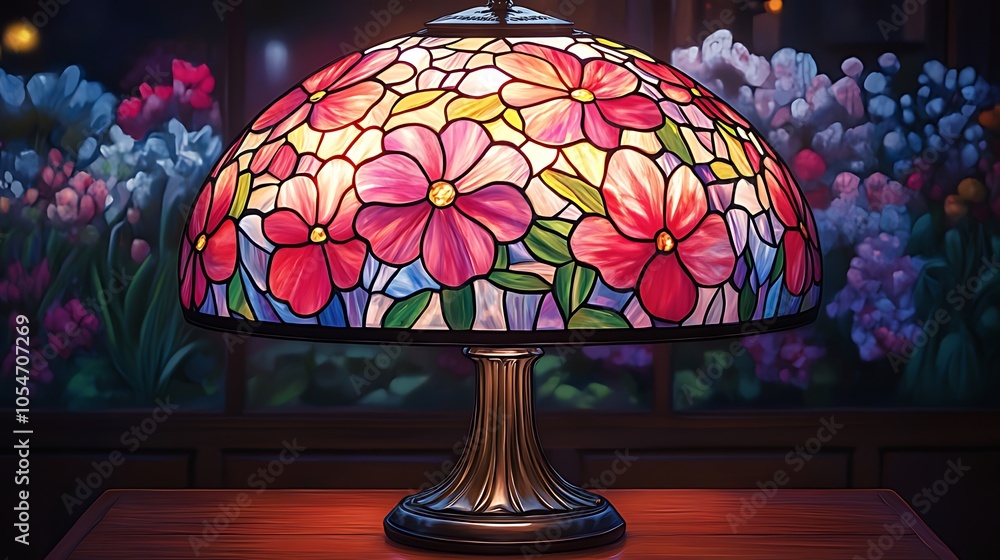 A stained glass lamp with a floral design sits on a wooden table in a dimly lit room. A stained glass lamp with a floral design sits on a wooden table in a dimly lit room.