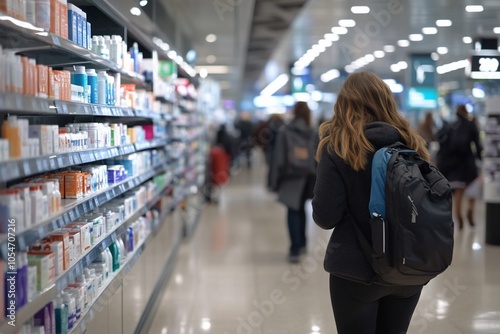 Woman walking through a pharmacy aisle, looking for medicine.