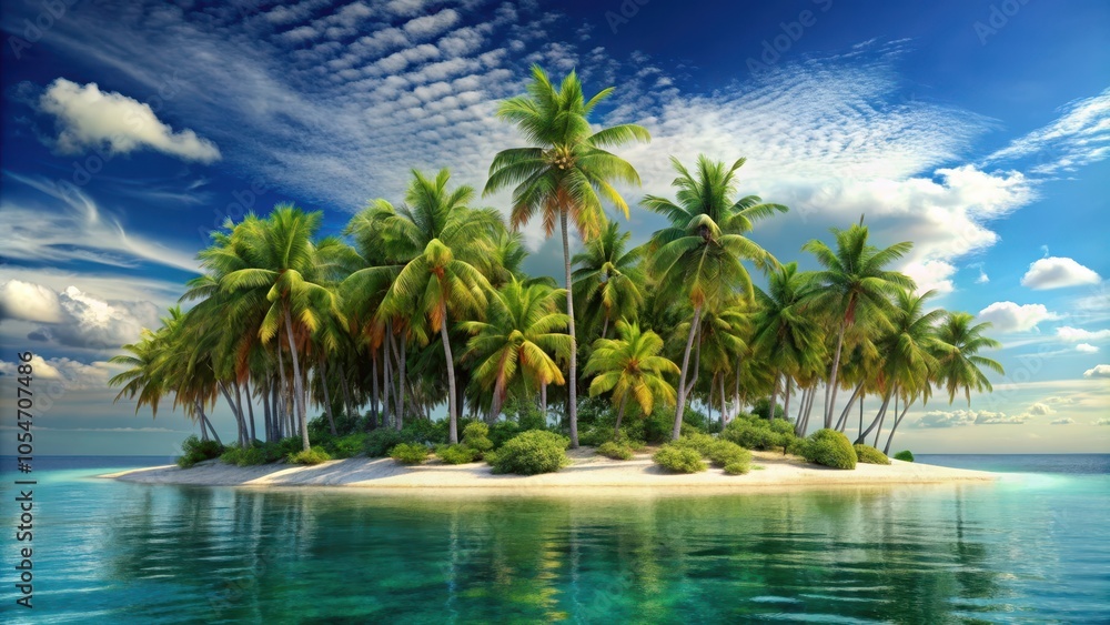 Obraz premium Tropical island with palm trees, tropical, island, paradise, beach, palm trees, ocean, vacation, tropical paradise, sun