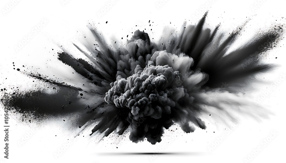 Black powder explosion, charcoal dust texture isolated on white background Black powder explosion, charcoal dust texture isolated on white background