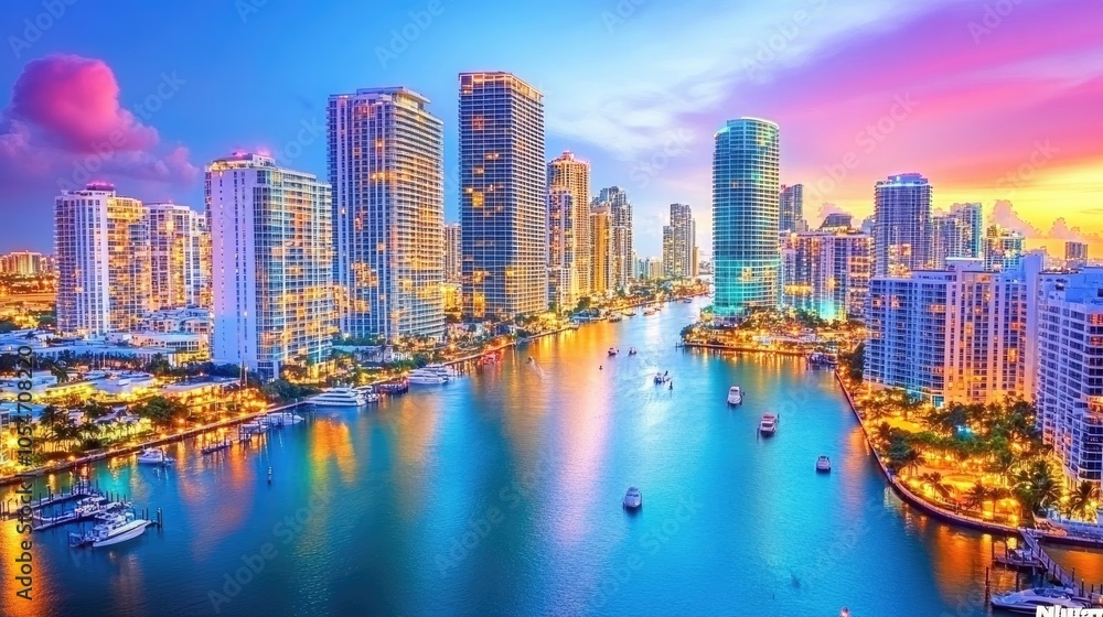 Fototapeta premium Vibrant Cityscape at Dusk Over Waterway