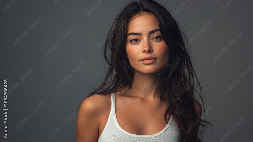 Beautiful woman in white T-shirt Female breast dark background Beautiful woman in white T-shirt Female breast dark background