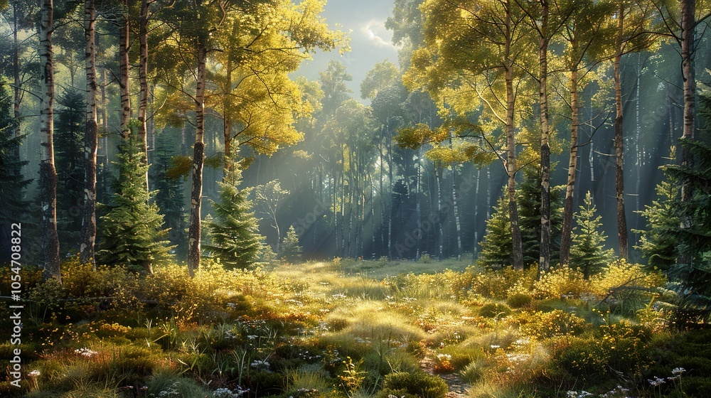 Sunbeams Through the Forest: A Tranquil Woodland Scene Sunbeams Through the Forest: A Tranquil Woodland Scene