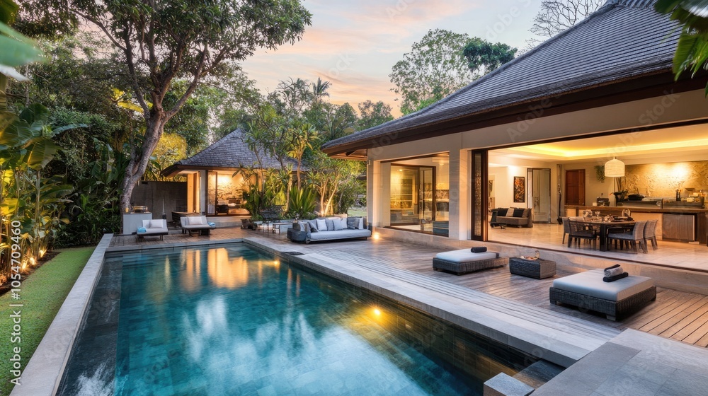 Fototapeta premium Modern Villa with Pool Surrounded by Lush Landscape