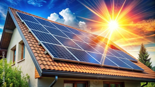 Solar panels on the roof of a house shining under the sun , sustainable, renewable energy, eco-friendly, technology