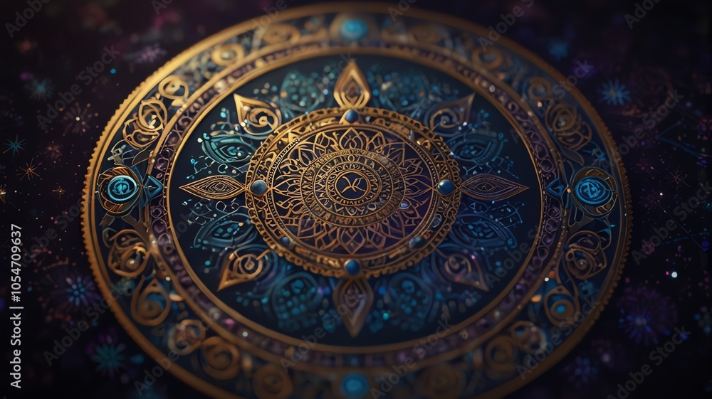 a blue and gold piece of art that says the word on it. a blue and gold piece of art that says the word on it.