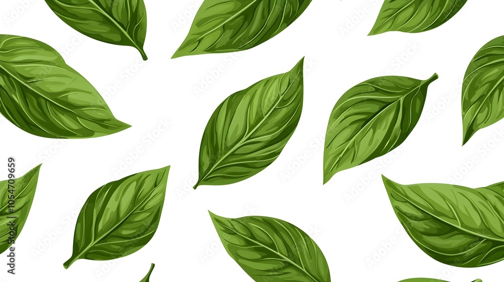 Detailed and vivid texture of fresh lively green basil leaves against a clean simple white background Detailed and vivid texture of fresh lively green basil leaves against a clean simple white background