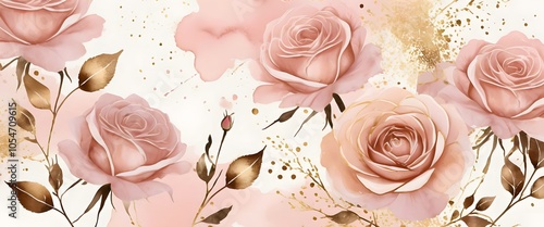 An abstract background featuring a soft, dusty blush pink watercolor effect, enhanced by delicate golden splatters for a luxurious touch. Subtle, artistic illustrations of roses are gently woven into  photo