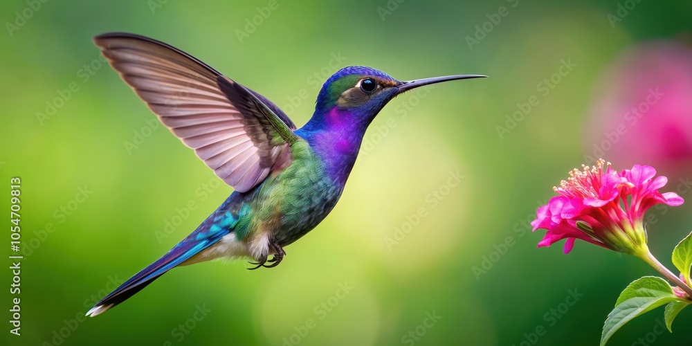 Fototapeta premium Hummingbird violet Sabrewing flying next to pink flower, hummingbird, violet Sabrewing, bird, blue, pink flower, nature