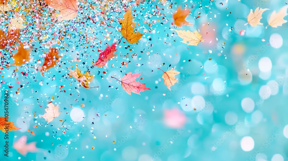 Colorful autumn leaves falling on blue bokeh background. Colorful autumn leaves falling on blue bokeh background.