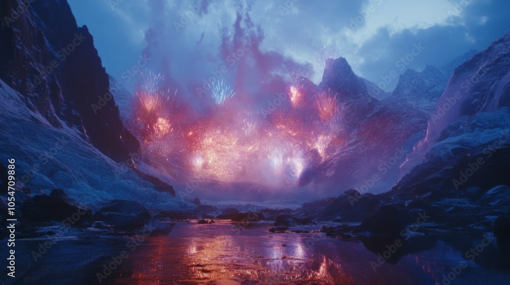 Naklejka premium Snowy Mountain Valley with Colorful Reflections at Dusk