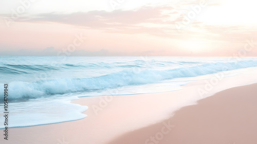 a soft, pastel sunrise paints the sky as the waves roll in on a quiet, sandy beach with white shades, png