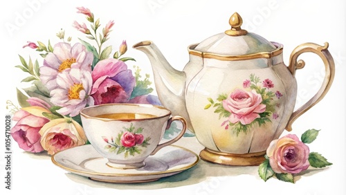 Fototapeta Naklejka Na Ścianę i Meble -  Vintage watercolor of a teacup and tea pot with flowers , vintage, watercolor,teacup, tea pot, flowers, vintage card, delicate
