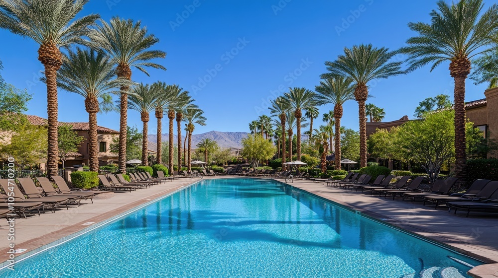 Peaceful Desert Pool with Palm Trees and Clear Sky Peaceful Desert Pool with Palm Trees and Clear Sky