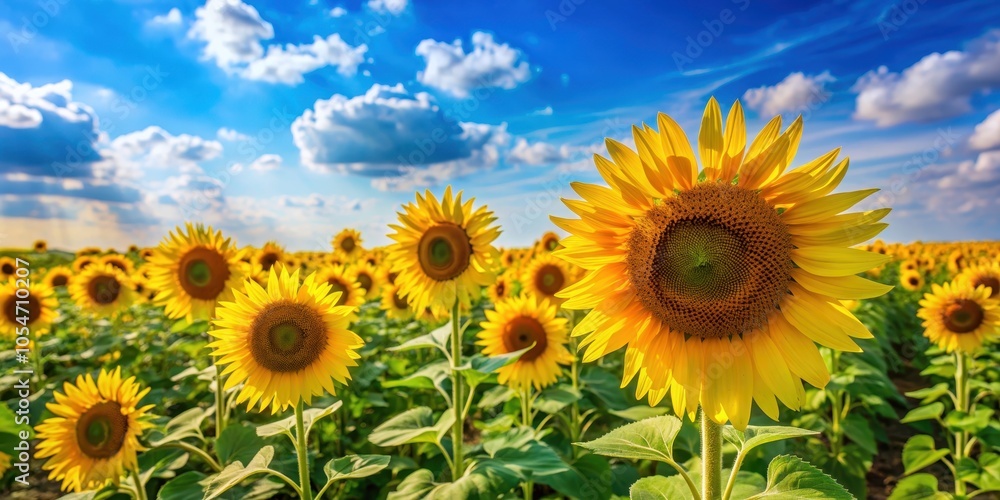 Vibrant field of sunflowers with blue sky background, sunflowers, field, summer, agriculture, yellow, bloom, nature, sunny Vibrant field of sunflowers with blue sky background, sunflowers, field, summer, agriculture, yellow, bloom, nature, sunny