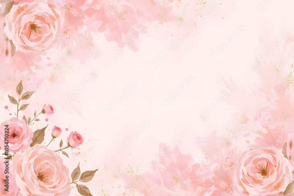 Obraz premium An abstract background featuring a soft, dusty blush pink watercolor effect, enhanced by delicate golden splatters for a luxurious touch. Subtle, artistic illustrations of roses are gently woven into