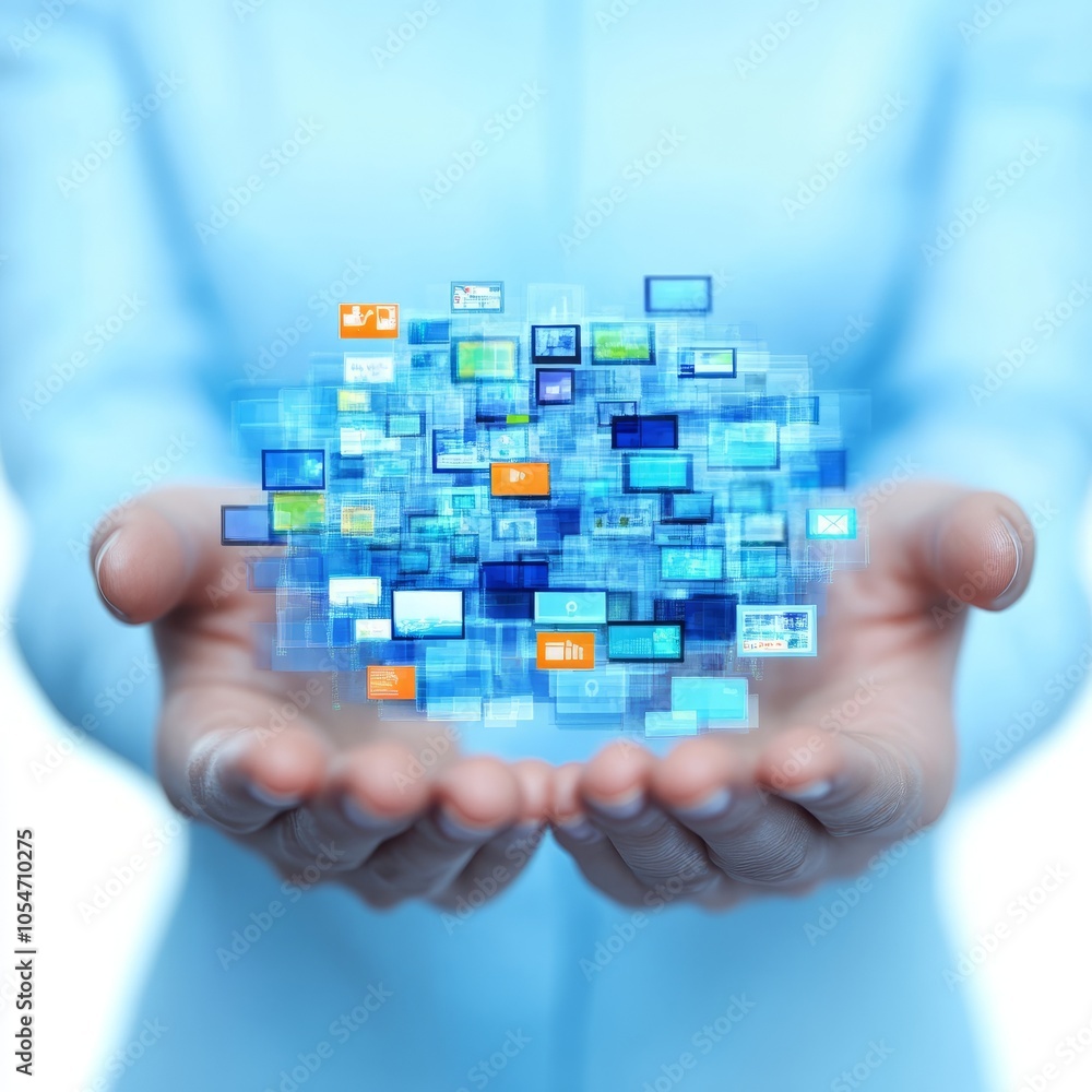 A person holding a digital cloud of interconnected data visuals. A person holding a digital cloud of interconnected data visuals.