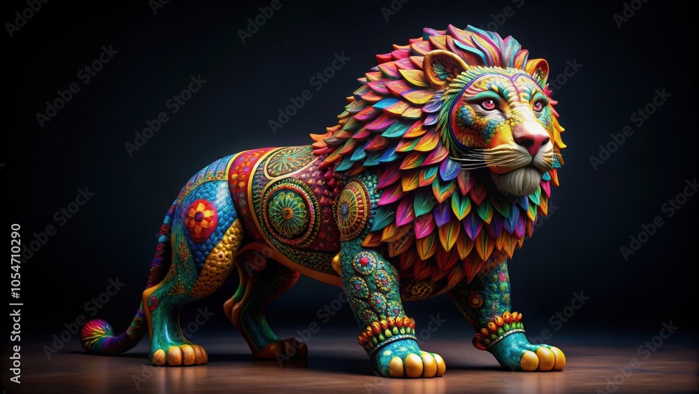 Obraz premium Colorful lion statue with intricate patterns and vibrant colors on a dark background, rendering, lion, statue