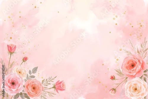 An abstract background featuring a soft, dusty blush pink watercolor effect, enhanced by delicate golden splatters for a luxurious touch. Subtle, artistic illustrations of roses are gently woven into 