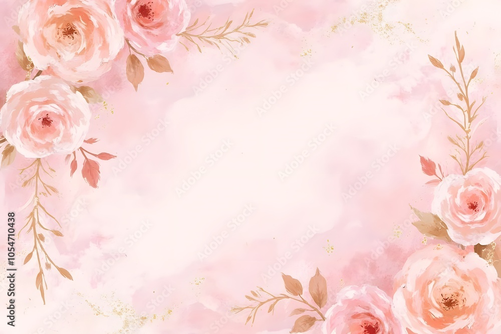 An abstract background featuring a soft, dusty blush pink watercolor effect, enhanced by delicate golden splatters for a luxurious touch. Subtle, artistic illustrations of roses are gently woven into An abstract background featuring a soft, dusty blush pink watercolor effect, enhanced by delicate golden splatters for a luxurious touch. Subtle, artistic illustrations of roses are gently woven into