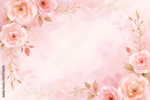 An abstract background featuring a soft, dusty blush pink watercolor effect, enhanced by delicate golden splatters for a luxurious touch. Subtle, artistic illustrations of roses are gently woven into 