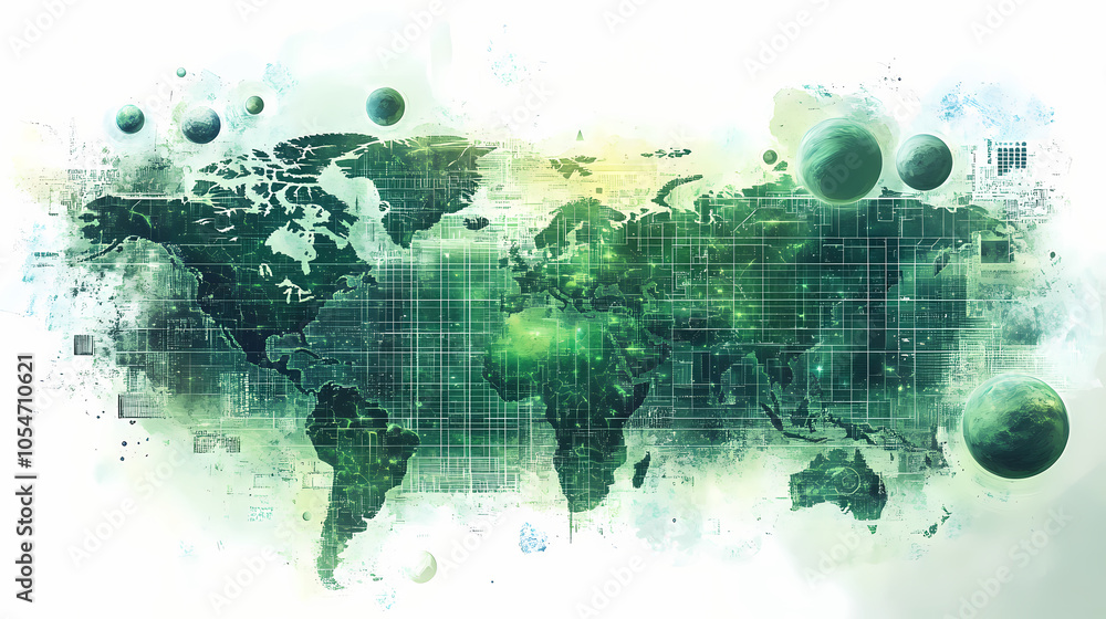 Obraz premium A green digital world map on a white background showing areas of highest renewable energy usage. Solar System Map. Illustration