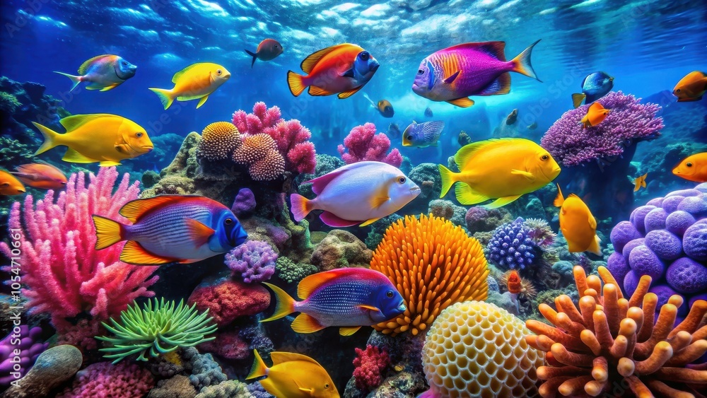 Naklejka premium Vibrant underwater photo of colorful fish swimming in coral reef, marine life, underwater, ocean