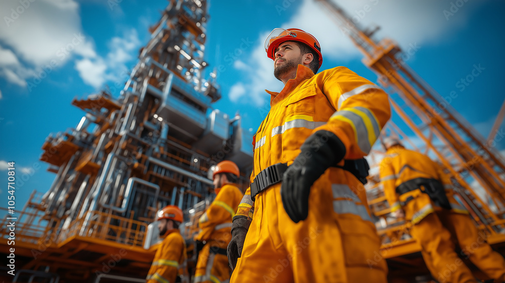 Group of oil rig workers. Group of oil rig workers wearing protective clothing and helmets, standing together with an oil rig in the background.
Group of oil rig workers. Group of oil rig workers wearing protective clothing and helmets, standing together with an oil rig in the background.