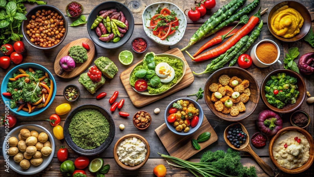 A beautifully curated food table showcasing a variety of healthy, delicious organic dishes , fresh A beautifully curated food table showcasing a variety of healthy, delicious organic dishes , fresh