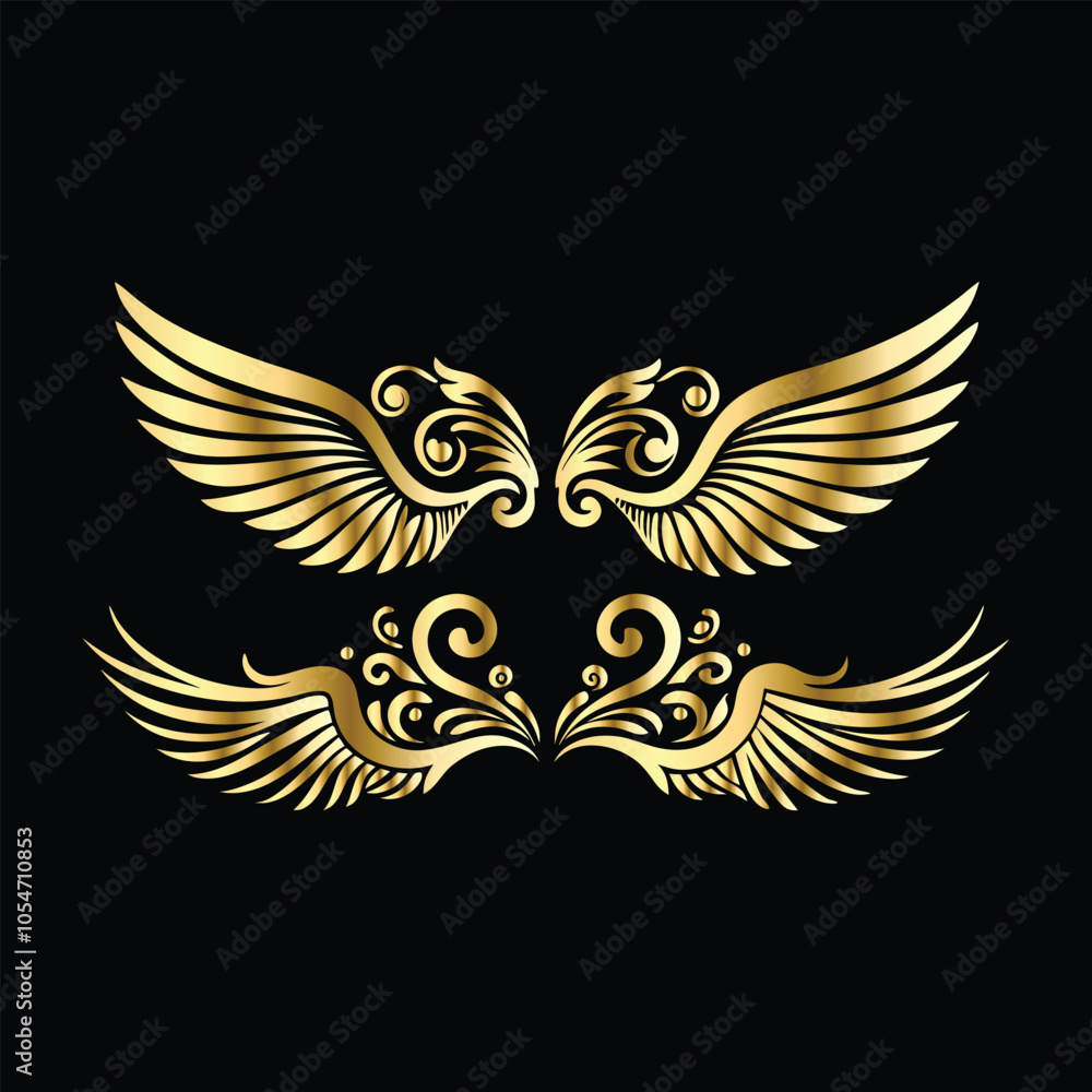 Fototapeta premium Elegant Gold Wing Frames: Vintage Angel & Cupid Silhouette Icon Collection 