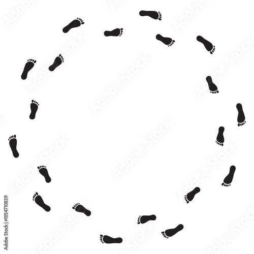 Footprint circle pattern. Walking path illustration. Black footprint vector. Round track symbol.