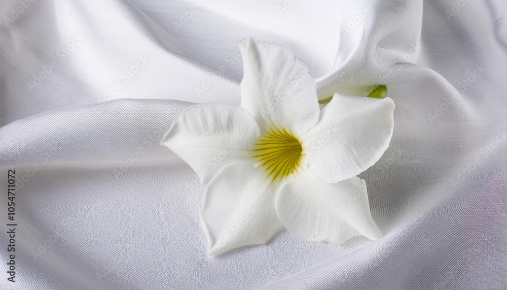 White Mandevilla Flower on a Draped Soft White Silk Fabric White Mandevilla Flower on a Draped Soft White Silk Fabric