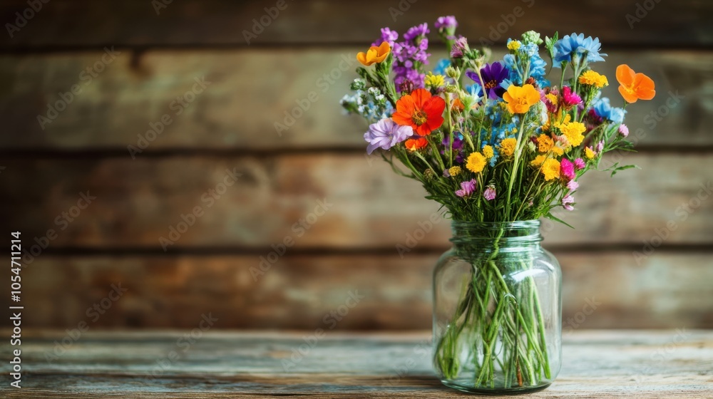 A bright and cheerful bouquet of wildflowers in a glass jar, set on a rustic wooden table A bright and cheerful bouquet of wildflowers in a glass jar, set on a rustic wooden table