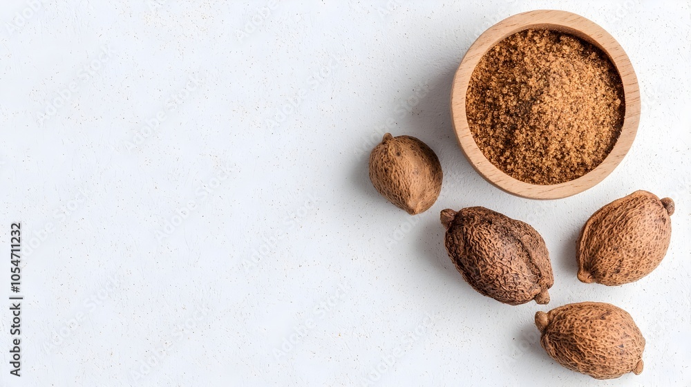 Close up of whole nutmeg seeds and finely ground nutmeg powder displayed on a plain white background showcasing the distinct textures and rich earthy aroma of this versatile culinary spice Close up of whole nutmeg seeds and finely ground nutmeg powder displayed on a plain white background showcasing the distinct textures and rich earthy aroma of this versatile culinary spice