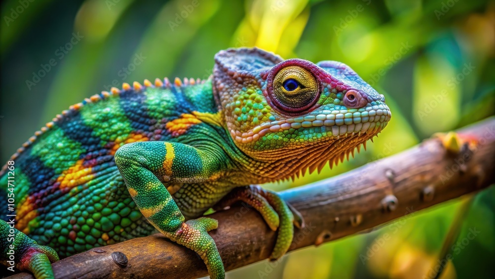 Fototapeta premium Chameleon blending in with its surroundings on a tree branch, Camouflage, Reptile, Wildlife, Nature, Branch, Green