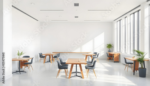 Modern white open space office corner with wooden tables isolated with white shades, png