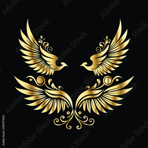 Golden Angel Wings: Vintage Frames & Decorative Icons with Cupid and Bird Wings 