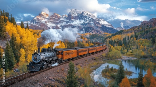 Vintage train travels through a picturesque mountain landscape.