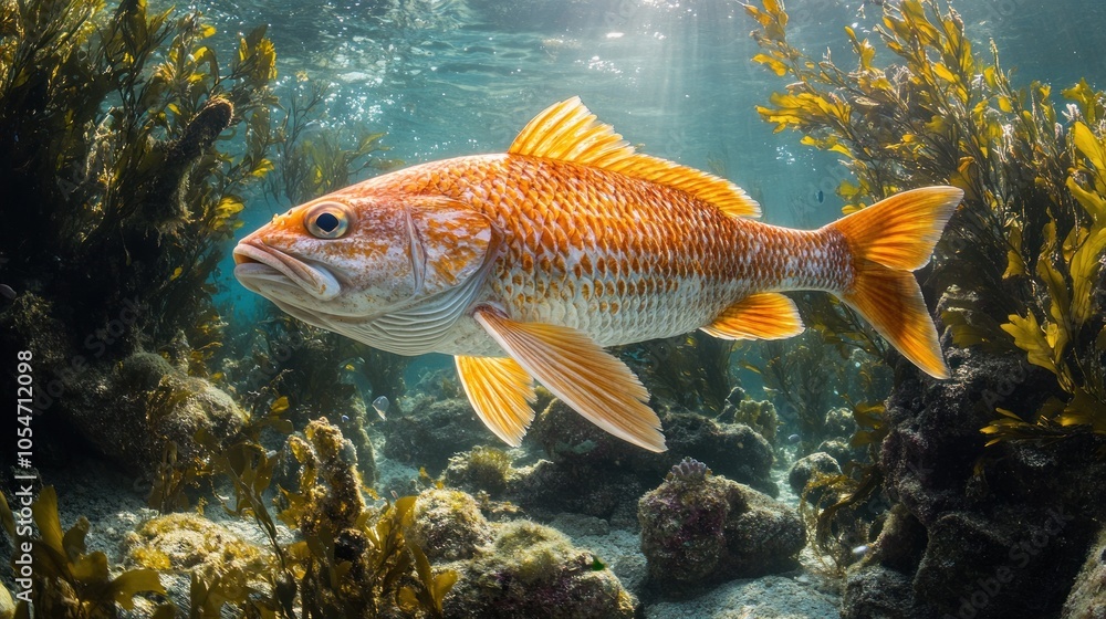 Naklejka premium An orange fish swimming among underwater plants and rocks.
