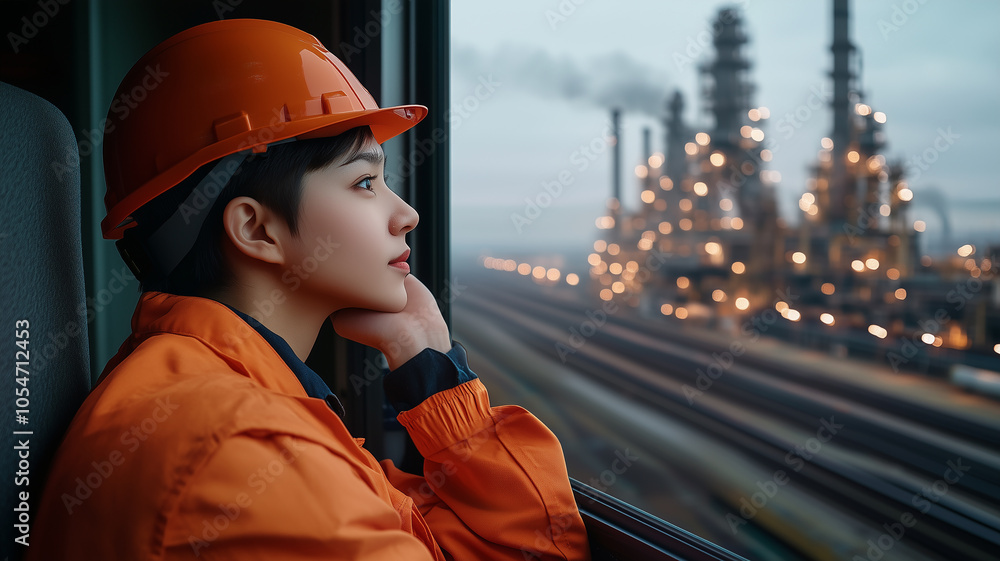 Asian girl worker observing oil rig operations during dusk
Asian girl worker observing oil rig operations during dusk