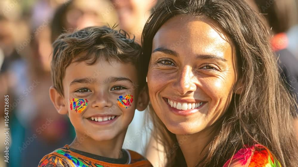 A young boy with colorful face paint smiles for the camera while his mother stands behind him A young boy with colorful face paint smiles for the camera while his mother stands behind him