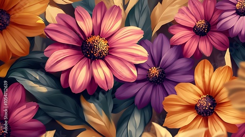 A vibrant and colorful floral illustration featuring a close-up of blooming flowers with dark green leaves.