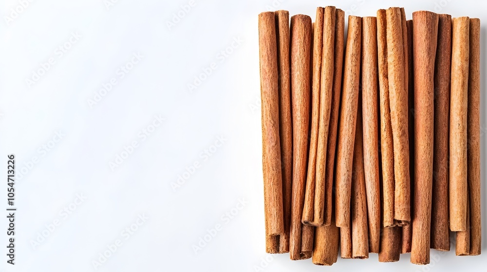 Carefully arranged pile of whole cinnamon sticks on a clean white studio backdrop These natural Carefully arranged pile of whole cinnamon sticks on a clean white studio backdrop These natural