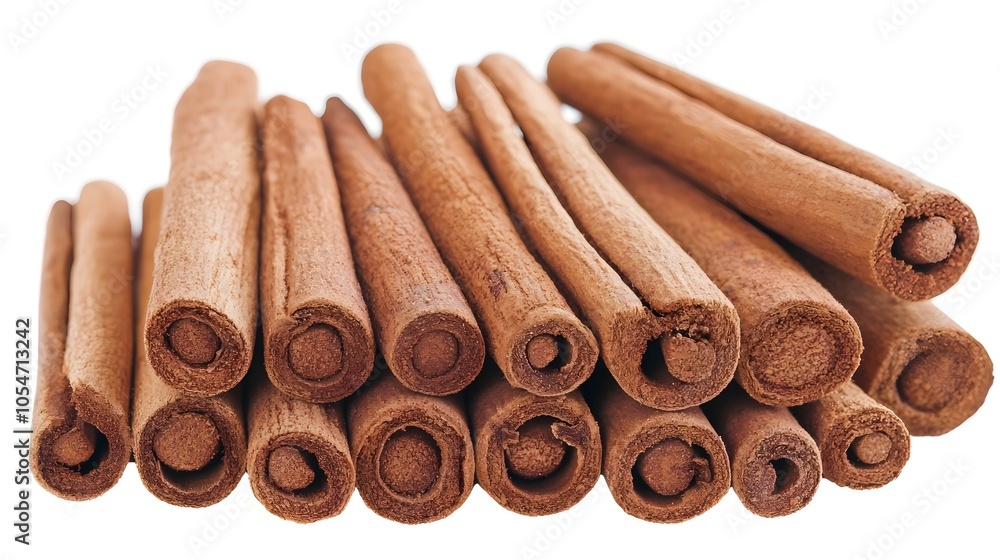 Neatly stacked whole cinnamon sticks arranged in a precise pattern against a clean white background This aromatic spice collection is perfect for cooking baking Neatly stacked whole cinnamon sticks arranged in a precise pattern against a clean white background This aromatic spice collection is perfect for cooking baking