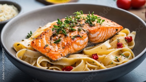 A gourmet pasta dish featuring a juicy, herb-seasoned salmon fillet on top, served in a deep